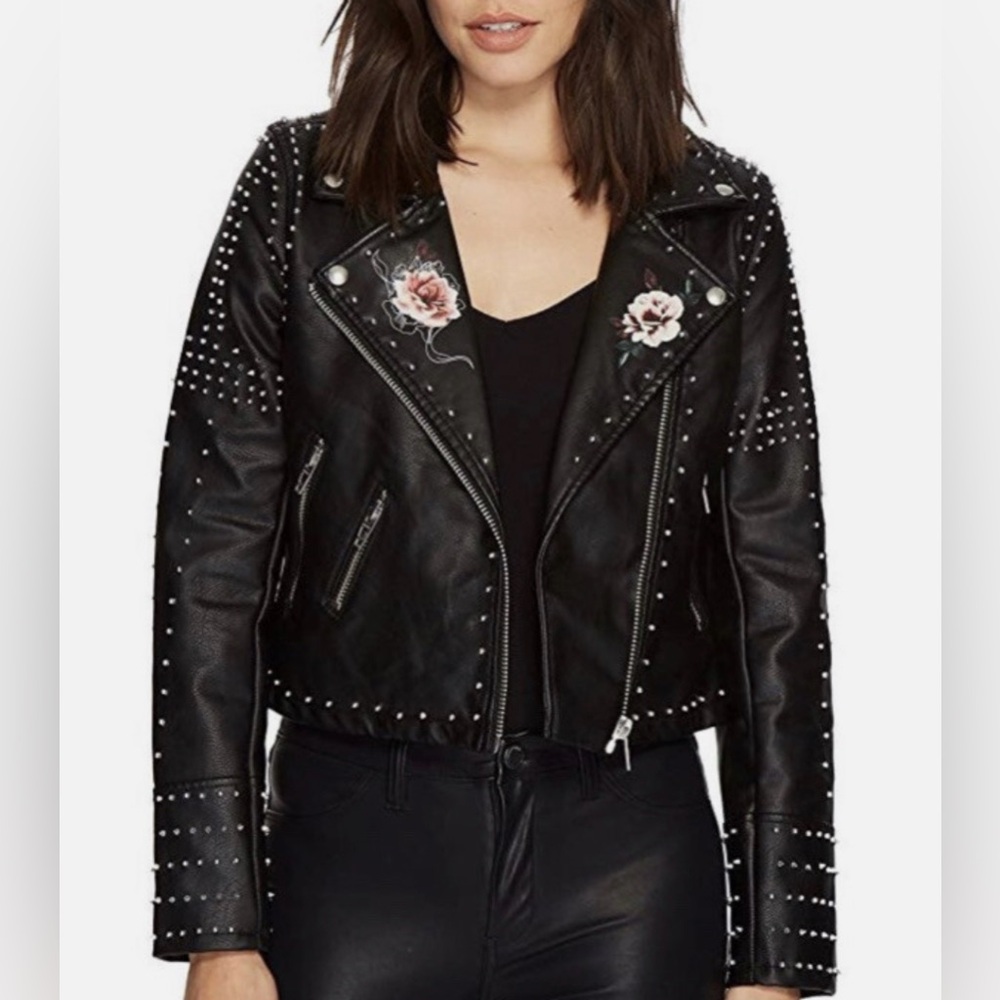 Blank NYC Black Studded Faux Leather Floral Stud Studded Biker Moto Jacket - Picture 3 of 9